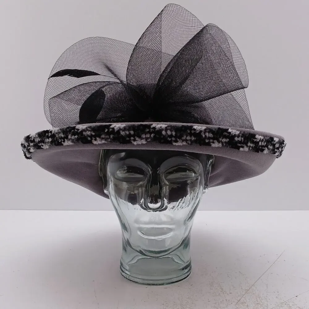 Fascinator Headpiece Hat Wedding Fashion Cap W/ Feathers and netting 100% Wool